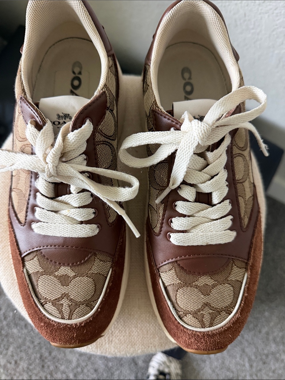 Coach Brown and Cream Signature Logo Low-Top Sneakers